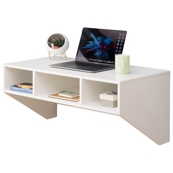 Basicwise Wall Mounted Office Computer Desk with Three Compartments, White QI003675W